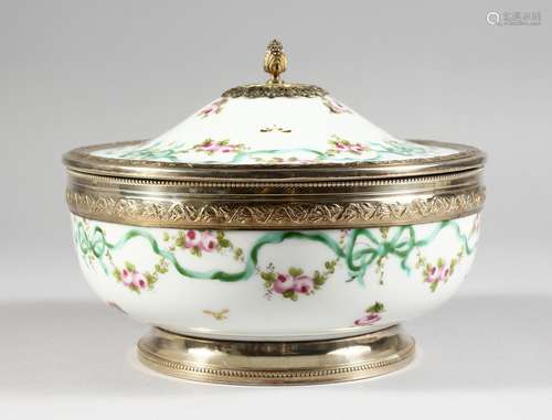 A VERY GOOD SEVRES PORCELAIN SILVER MOUNTED CIRCULAR BOWL AND COVER, painted with ribbons and