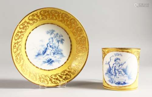 A SEVRES COFFEE CAN AND SAUCER, the can painted in blue with a child fishing, on a yellow ground