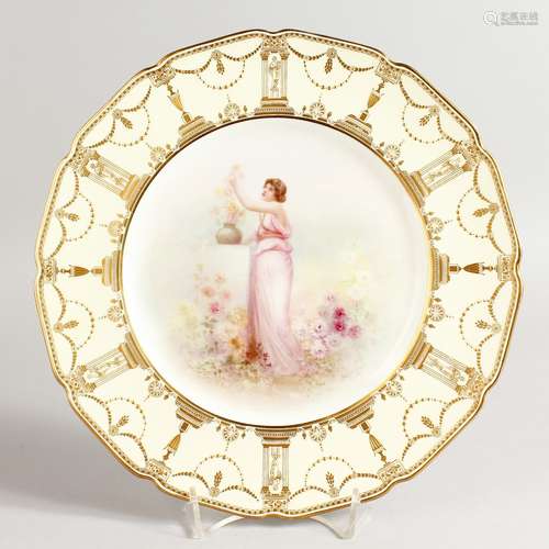 A ROYAL DOULTON PLATE painted with putting flowers into a vase on a plinth painted by Arthur Leslie,