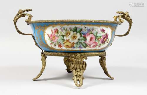 A VERY GOOD SEVRES PORCELAIN AND ORMOLU CIRCULAR PEDESTAL BOWL, painted with garlands of flowers