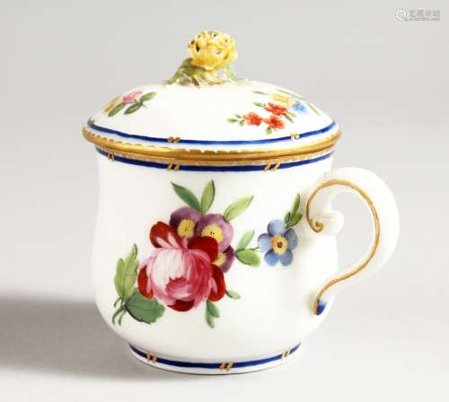 A SEVRES CUSTARD CUP AND COVER painted with flowers under a blue line and dentil gilt border.