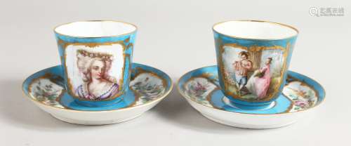A PAIR OF SEVRES PORCELAIN CUPS AND SAUCERS with portraits and vignettes of flowers