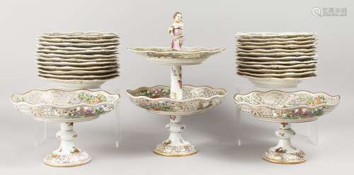 A SUPERB LARGE DRESDEN DESSERT SET, with pierced borders painted with flowers and figures,
