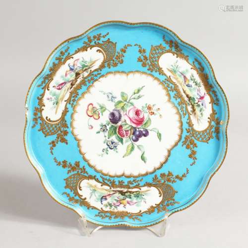 A GOOD SEVRES SHAPED PORCELAIN TAZZA, blue and gilt borders, painted with vignettes of birds and