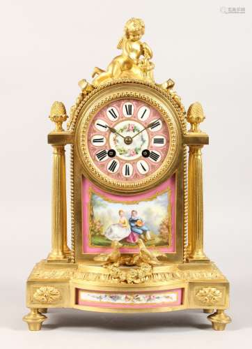 A VERY GOOD QUALITY 19TH CENTURY FRENCH GILT ORMOLU CLOCK, with painted Sevres porcelain face and