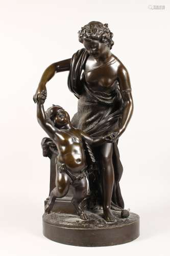 A VERY GOOD LARGE 19TH CENTURY BRONZE GROUP, a classical semi-clad young lady with a faun with pan