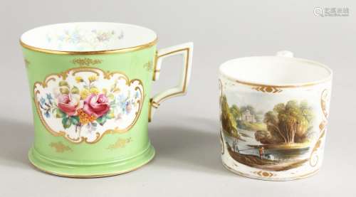 A LATE 19TH CENTURY ROYAL CROWN DERBY MUG painted with flowers on a green ground and a Derby small