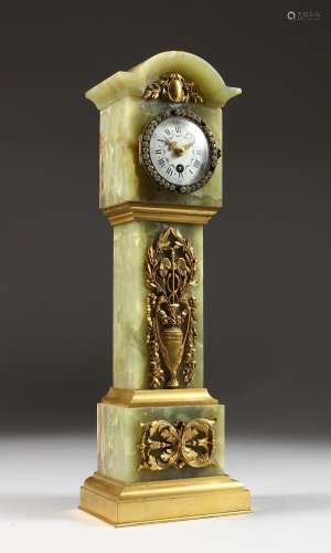 A SUPERB LOUIS XVI ONYX CASED MINIATURE LONGCASE CLOCK, with ormolu mounts, urns, etc., the movement