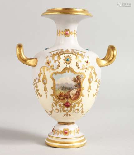 A LATE 19TH CENTURY COALPORT MUCH SOUGHT AFTER JEWELLED TWO HANDLED VASE painted with a landscape on