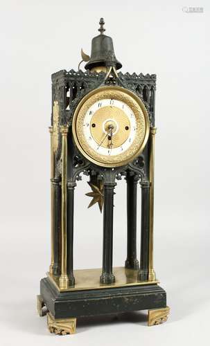 A GOOD 19TH CENTURY ARCHITECTURAL BRONZE GOTHIC DESIGN CLOCK, the movement with two dials 1-12 and a