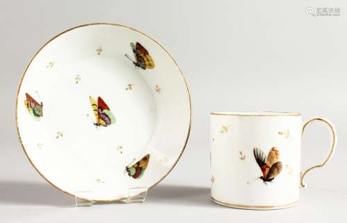 A PARIS PORCELAIN COFFEE CAN AND STAND painted with butterflies and gold sprigs.