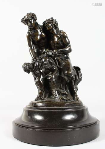 A VERY GOOD RENAISSANCE DESIGN BRONZE GROUP, two classical figures, cupid and goat, on a circular