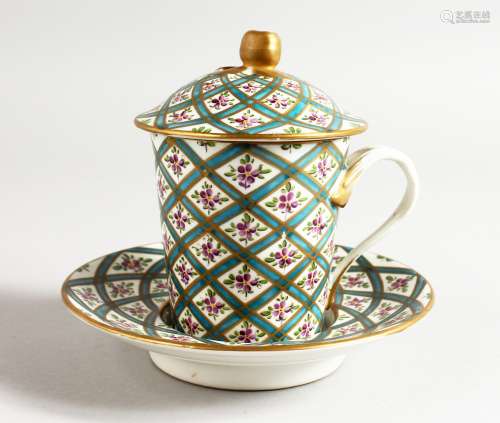 A PARIS PORCELAIN TREMBLEUSE CUP COVER AND SAUCER, fourth quarter 19th Century, each piece painted