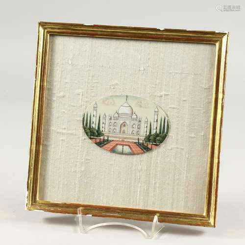 A FRAMED INDIAN OVAL, Taj Mahal, on ivory. 3ins x 4ins.