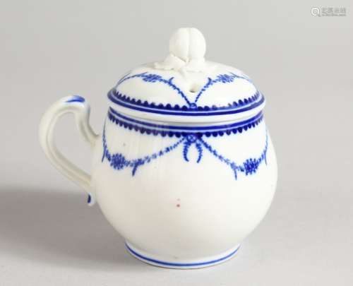 A LATE 18TH CENTURY TOURNAY CUSTARD CUP AND COVER painted with two dentil bands and stippled swags.