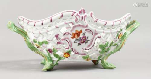A GOOD MEISSEN OVAL PIERCED TWO-HANDLED BASKET, painted and encrusted with flowers with rustic