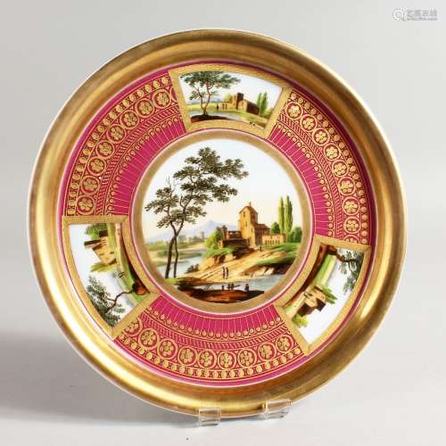 A LATE 19TH CENTURY VIENNA TRAY painted with landscapes on a rose coloured ground.