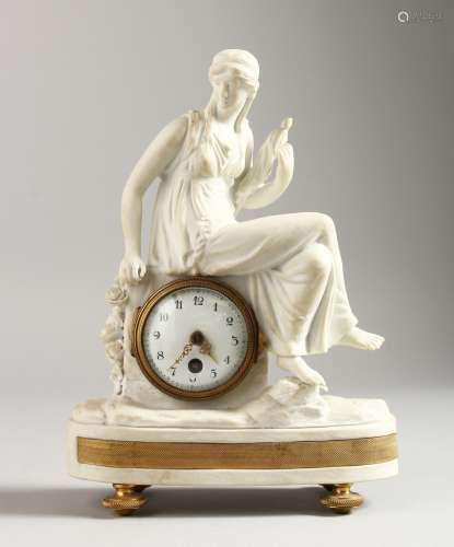 A GOOD SMALL SEVRES 19TH CENTURY BISQUE CLOCK with watch movement and classical figures. 9ins high.