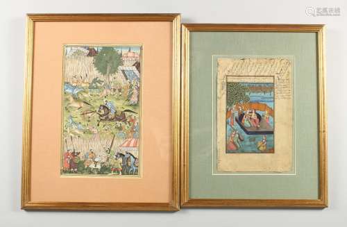TWO FRAMED PERSIAN PICTURES, Deer Hunt and Figures.