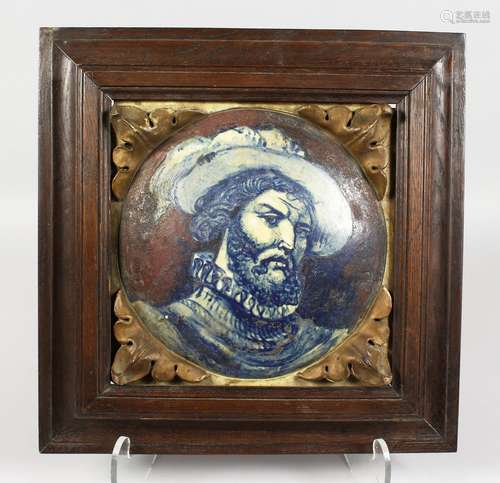 A GOOD OAK FRAMED ITALIAN POTTERY TILE, 