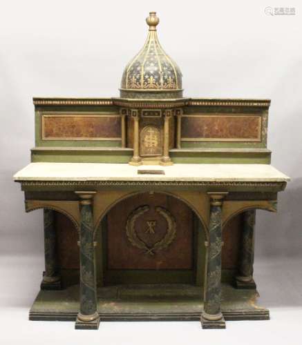 A LARGE RUSSIAN PAINTED WOODEN ALTAR with four column supports, domed top over a small cupboard with