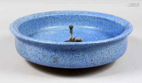 A ROYAL DOULTON BLUE SPECKLED CIRCULAR TABLE FOUNTAIN. 14ins diameter.