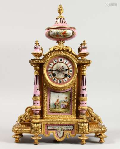 A SUPERB LOUIS XVI ORMOLU AND SEVRES PORCELAIN MANTLE CLOCK, with rich gilded ormolu and painted