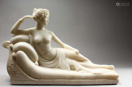 A GOOD 19TH CENTURY ITALIAN WHITE MARBLE SCULPTURE, carved as a reclining female semi-nude, on a