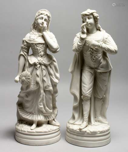 A PAIR OF 19TH CENTURY PARIAN FEMALE FIGURES, holding a fan and a young man. 14ins high.