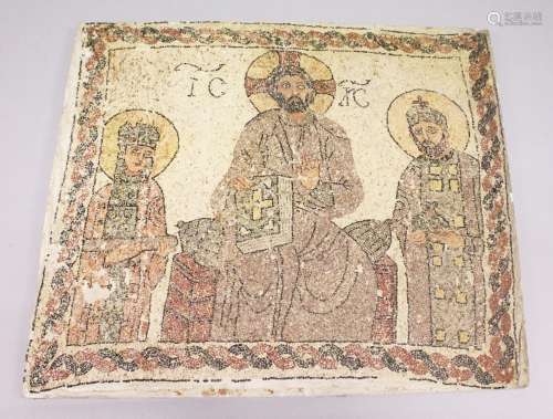 A LARGE RUSSIAN MOSAIC STONEWARE PANEL with three figures. 3ft x 3ft 6ins.