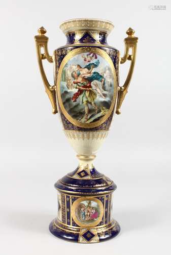 A VIENNA PORCELAIN TWO-HANDLED URN SHAPED VASE ON STAND, decorated with panels of classical figures.