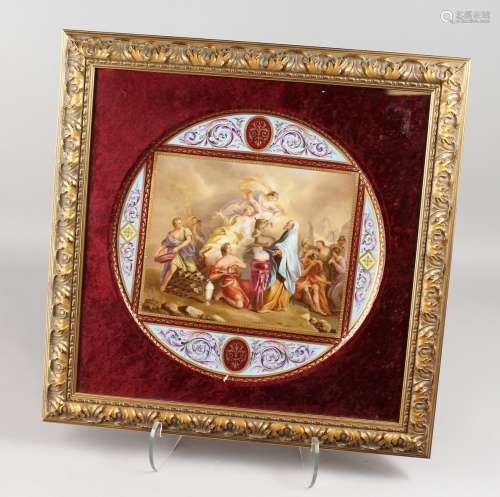 A LARGE 19TH CENTURY VIENNA CIRCULAR PLAQUE, painted with a classical scene. Inscribe on reverse.