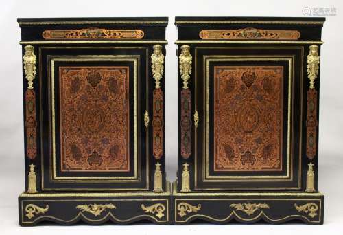 A VERY GOOD PAIR OF 19TH CENTURY EBONY, ORMOLU AND ENGRAVED BRASS PIER CABINETS, each having a