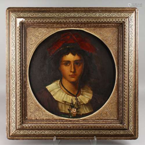 A LARGE VIENNA CIRCULAR PLAQUE, portrait of a girl. Beehive mark. 19ins diameter, in a gilt frame.