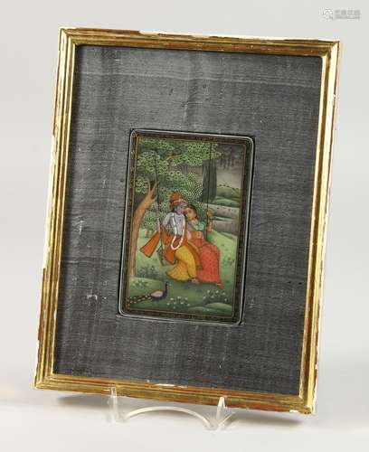 A FRAMED PERSIAN PICTURE, YOUNG LOVERS on a swing. 5.5ins x 4ins.