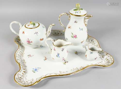 A GOOD MEISSEN PORCELAIN CABARET SET, white ground edged in gilt and sprigged with flowers,