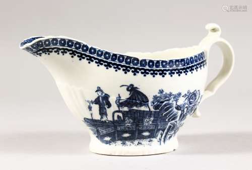 A WORCESTER BLUE AND WHITE SAUCEBOAT, Fisherman and Cormorant. 7ins long.