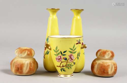 A ROYAL WORCESTER JAPANESQUE TRIPLE FORMED VASE, and a pepper and salt shaker in the form of a