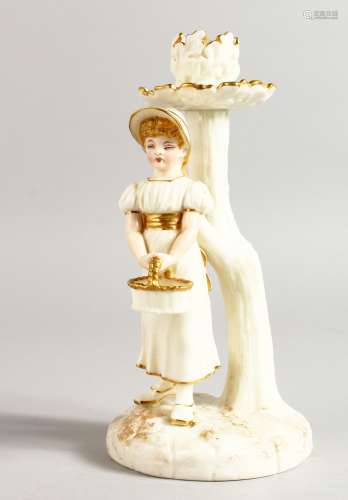 A ROYAL WORCESTER FINE HADLEY STYLE CANDLESTICK figure of a girl holding a basket, date code for