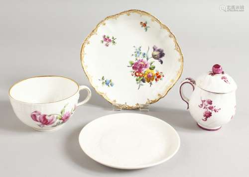 A WALLENDORF CUSTARD CUP AND COVER painted with puce roses, a Berlin teacup floral painted with a