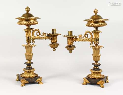 A SUPERB PAIR OF GEORGE IV ORMOLU AND BRONZE COLZA LAMPS by JAMES SMETHURST & CO., CIRCA 1820,
