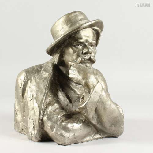 A RUSSIAN HALF HEAD AND SHOULDERS METAL FIGURE OF A MAN THINKING. 9.5ins high.