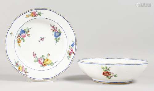 AN 18TH CENTURY SEVRES PLATE, painted flowers under a blue line border, interlaced L's in blue and a