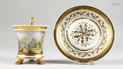 A 19TH CENTURY BERLIN CUP AND SAUCER, the cup painted with a parkland scene.