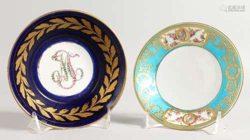 A SEVRES STYLE SAUCER with neo-classical decoration and another Sevres style saucer with blue ground