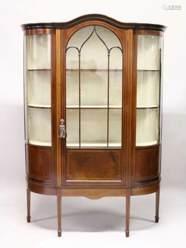 AN EDWARDIAN MAHOGANY AND INLAID STANDING DISPLAY CABINET, with three-quarter length glazed