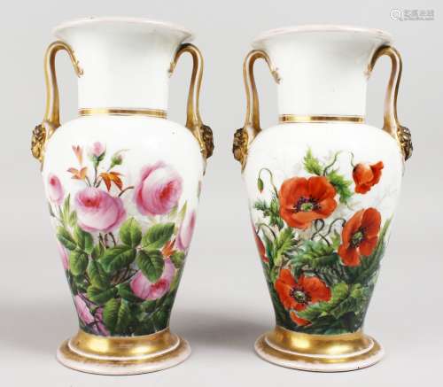 A GOOD PAIR OF BING & GRONDAHL COPENHAGEN TWO-HANDLED VASE, with gilt mask handle and painted with