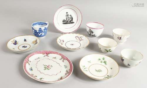 WORCESTER FLIGHT TEA BOWLS AND SAUCER of shankered shaped, a New Hall and a Chamberlain teapot