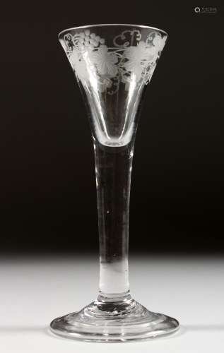 A GEORGIAN WINE GLASS with tapering bowl engraved with fruiting vines, plain stem. 6.5ins high.