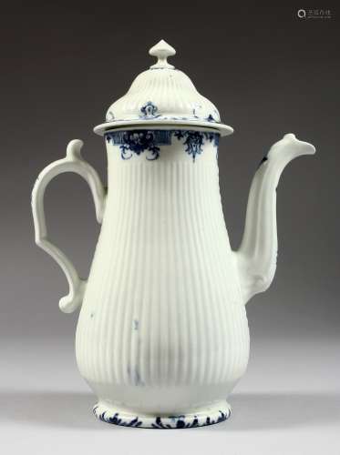 A CAUGHLEY BLUE AND WHITE RIBBED COFFEE POT AND COVER. 9.5ins high.